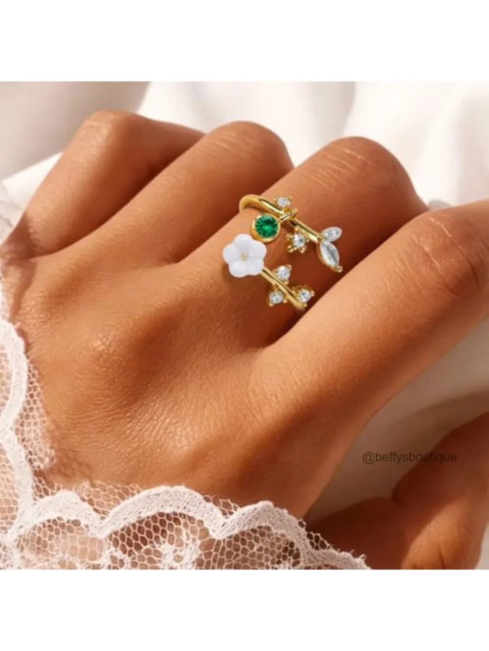 14K Gold Plated Brass Adjustable Flower Ring with Cubic Zirconia Birthstone